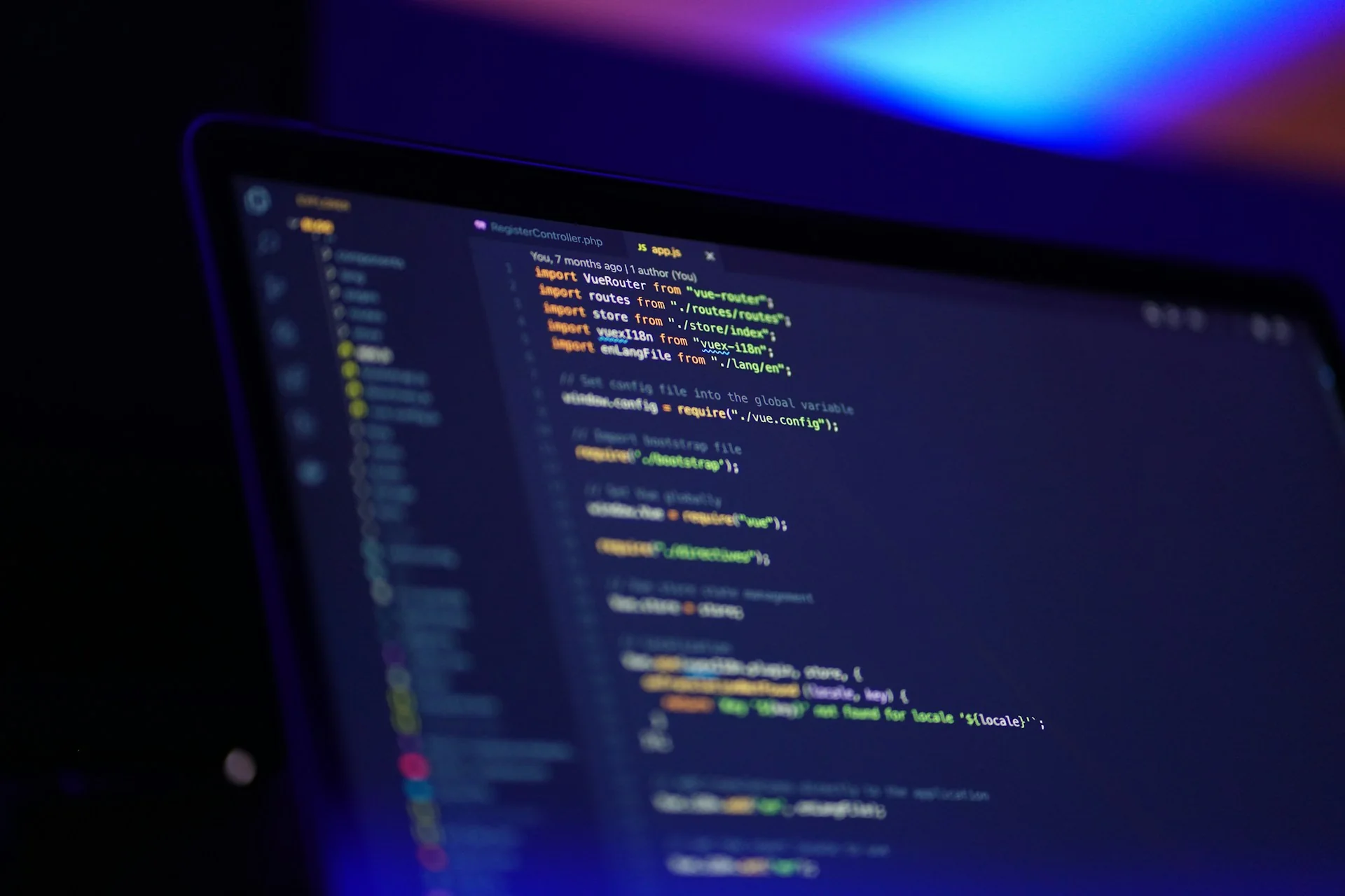 Blue-toned code editor used for software engineering